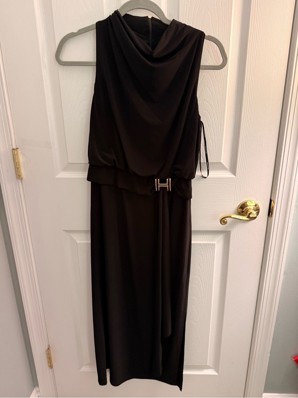 H by Halston Black Sleeveless Draped Maxi Dress with Gold H